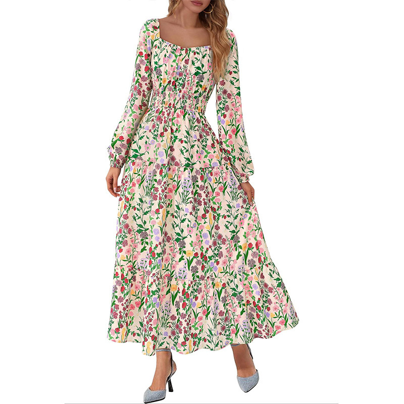 Amazon Autumn New Women's Square Neck Waist Printed Dress Wedding Guest Dress Banquet Floral Long Dress