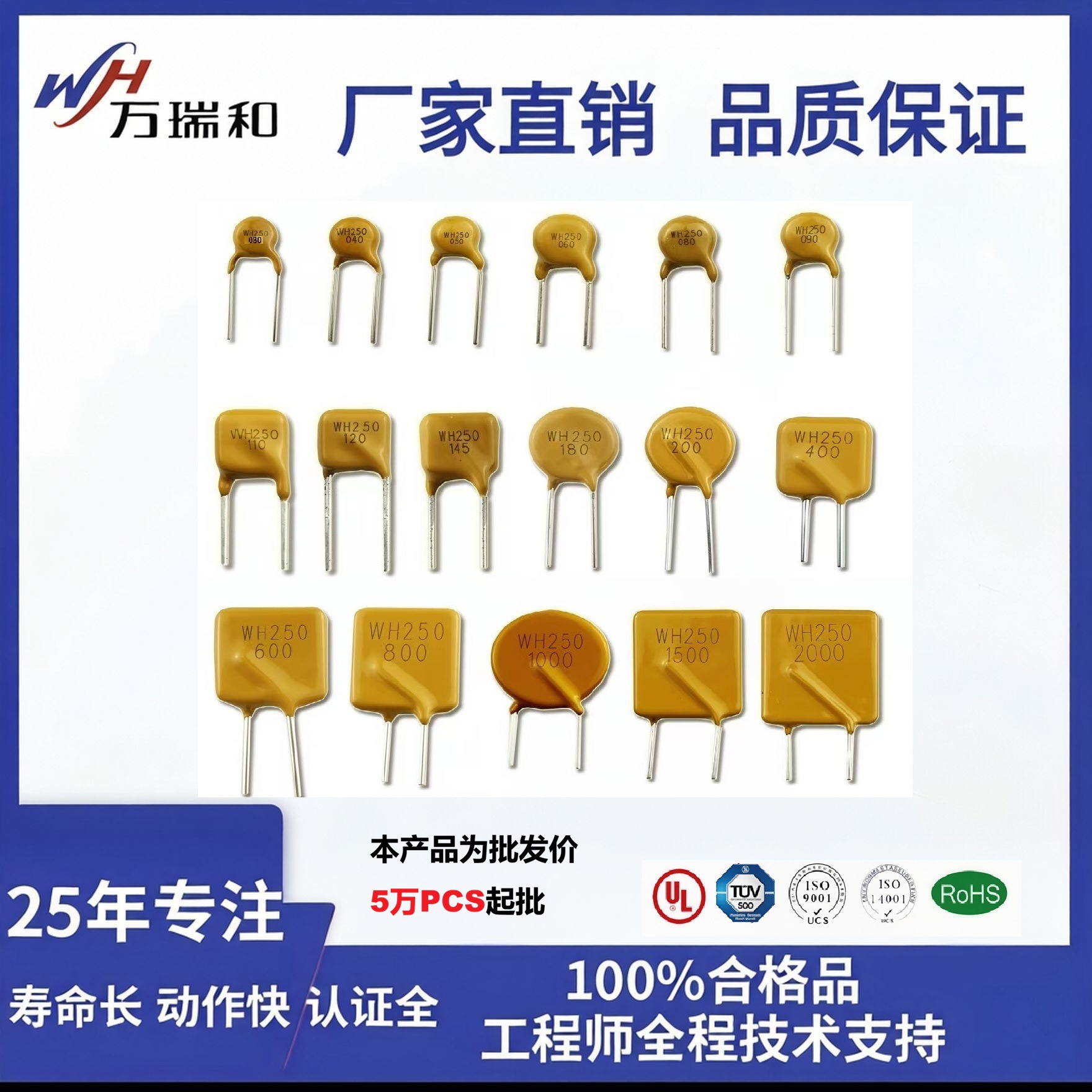 插件PPTC自恢复保险丝 万瑞和WH250系列 250V 0.03A-2A 小家电