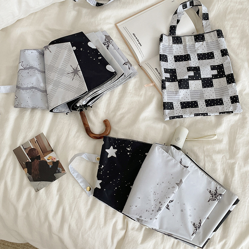 Star Patchwork Curved Handle Umbrella, Black-Coated Umbrella, Top Quality For Both Rain And Sun, Foldable, UV Protection_voghion.com