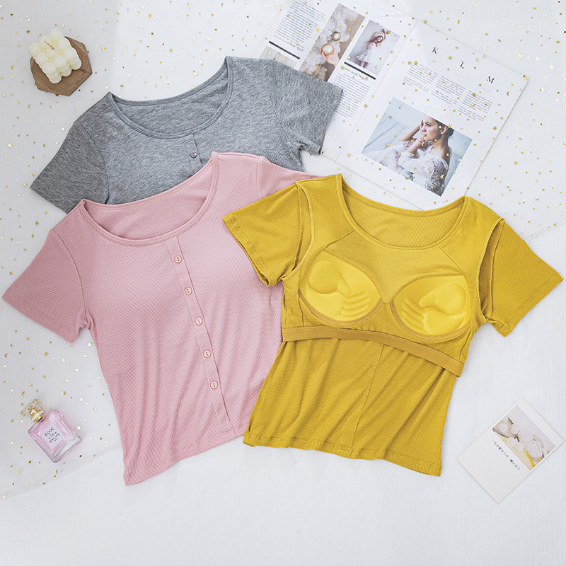New Ribbed Short T-Shirt Top, Close-Fitting and Versatile Round Neck, Comes with Built-In Chest Pad, Summer Fixed Short Sleeves New Ribbed Short T-Shirt Top, Close-Fitting and Versatile Round Neck, Comes with Built-In Chest Pad, Summer Fixed Short Sleeves