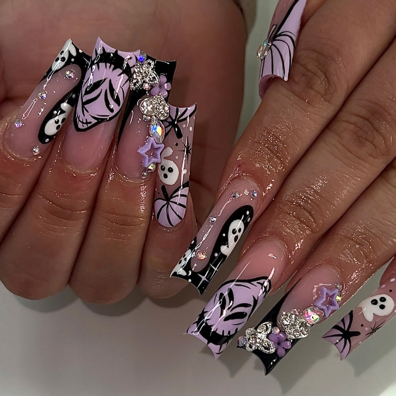 24 Rectangular Press-On Nails with Skull and Pumpkin Head Designs, Pink and Colorful, Handmade with Rhinestones, Nail Tips in Stock for Wholesale