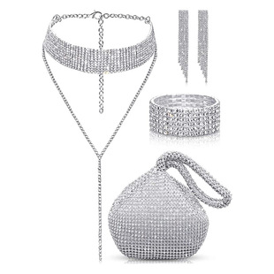 Bride Diamond Mine Evening Bag European and American Full Diamond Claw Chain Tassel Bracelet Earrings Neck Chain Four-piece Jewelry suit