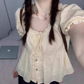 法式甜美蕾丝边娃娃衫短袖衬衫女夏季别致修身显瘦泡泡袖方领上衣