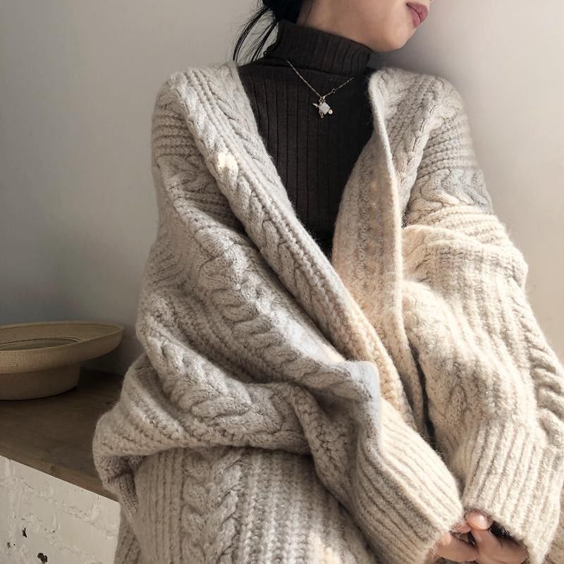 慵懒风复古毛衣外套女秋冬季新款麻花中长款长袖针织开衫上衣2025|undefined