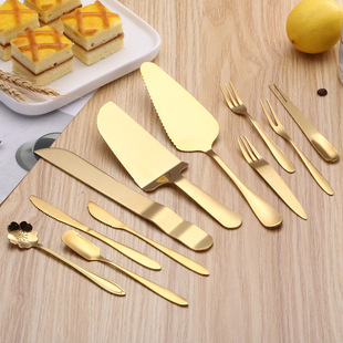 Cake Knife and Fork Stainless Steel Golden Cake Shovel Moon Cake Knife and Fork High-end Dessert Table Western-style Pastry Baking Tools