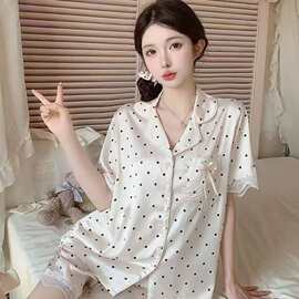 2026新款甜美薄款仿真丝短袖短裤家居服女夏季花边开衫外贸睡衣