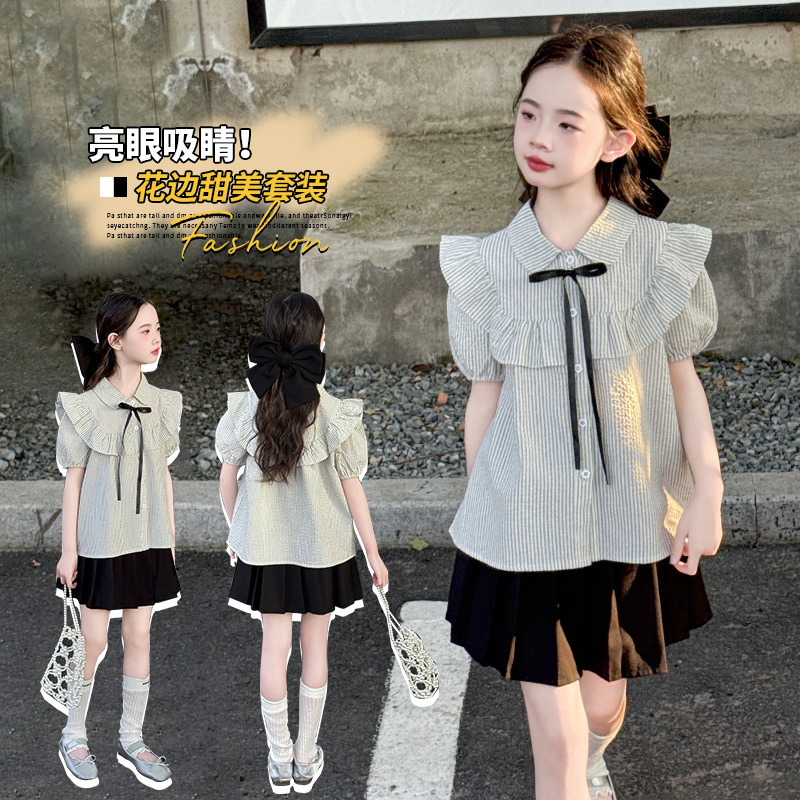 女童学院风套装夏季儿童JK格子裙2025新款辣妹短裙假两件短袖衬衫