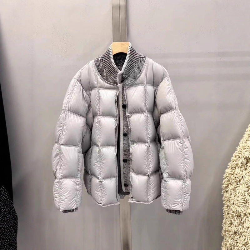 Pinghu Knitted Patchwork 2025 Winter New Checkered down Jacket for Women, Short Style, 90% White Duck Down, Cold-Resistant, Loose Fit