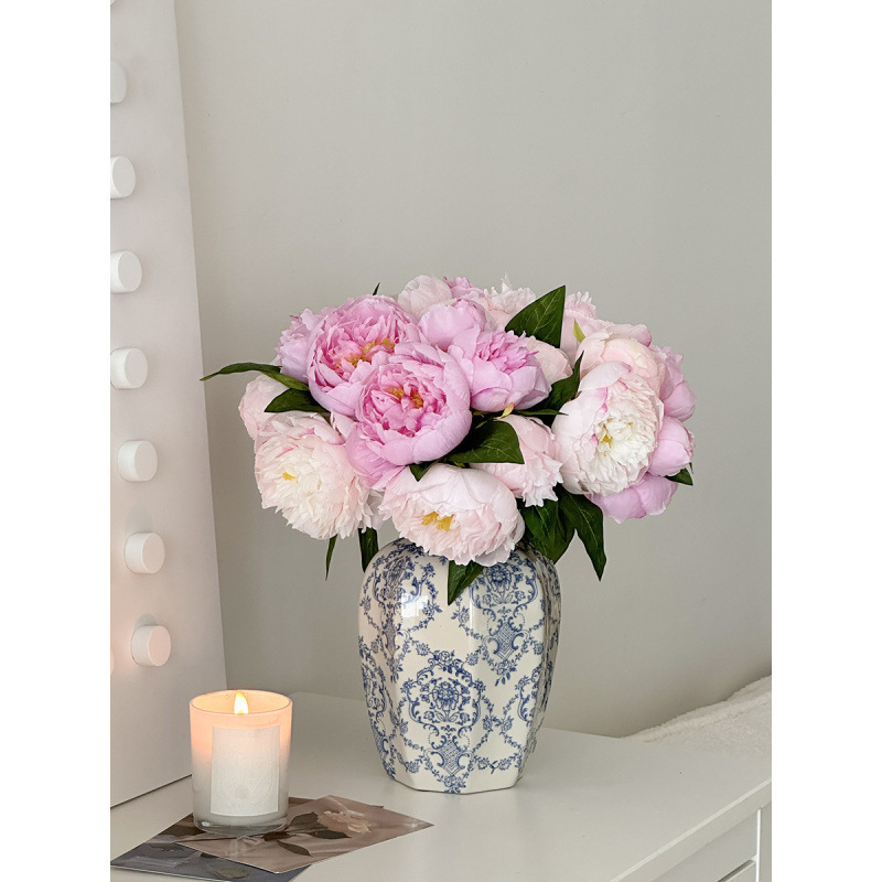 Nuevo jarrón de cerámica azul china nueva decoración de estilo chino sala de estar floral decoración de vestíbulo de estilo antiguo peonía floral