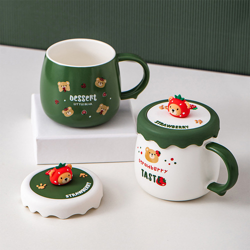 Strawberry Bear Ceramic Cup Cute Mug Student Water Cup Birthday Gift Friends Chinese Valentine's Day Creative Gift Drinking Cup