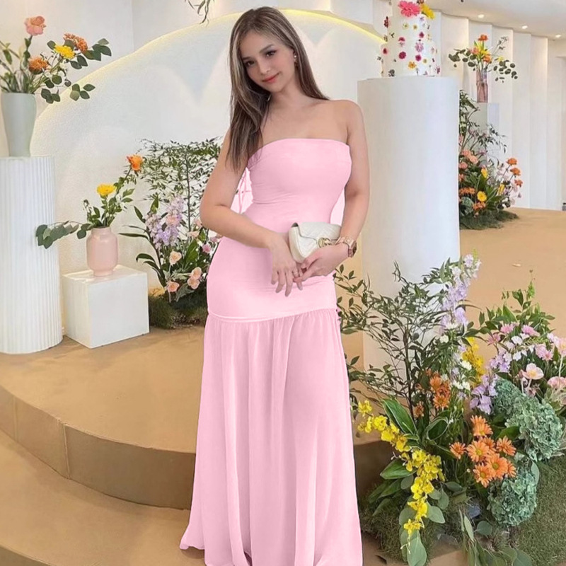 Cross-Border European and American Style 2025 New Summer Women's Clothing Sexy and Fashionable Splicing Mesh Tube Top Slimming Look Dress