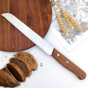 Factory wholesale stainless steel serrated bread knife acacia wood handle bread saw knife toast knife baking tool knife