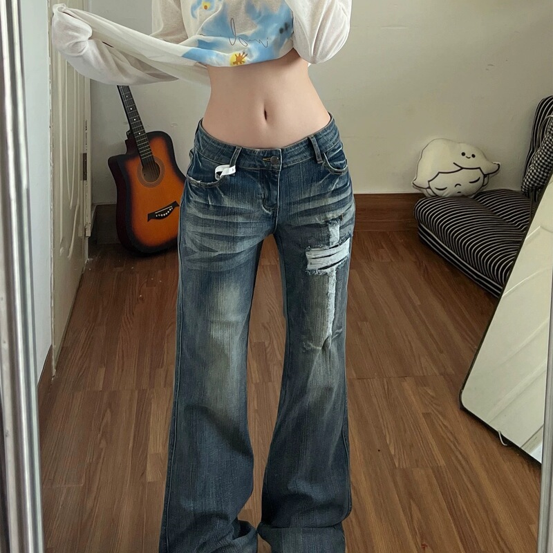 American Retro Design Double-Pocket Cross-Shaped Denim Jeans for Women, Slim Fit, Ripped Flared Pants