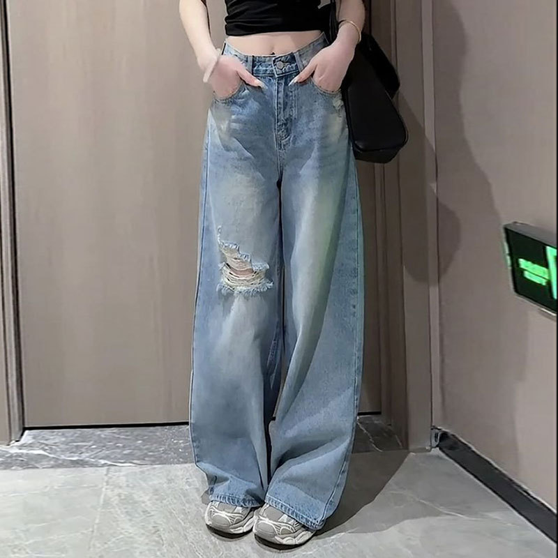 Ripped Jeans for Women 2025 New American Style Large Size High Waist Retro Loose Straight Pants Slim Casual Floor-Length Pants Ripped Jeans for Women 2025 New American Style Large Size High Waist Retro Loose Straight Pants Slim Casual Floor-Length Pants
