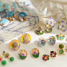 艺术生油画感滴油花朵耳环女银针法式复古轻奢百搭耳钉高级感耳饰