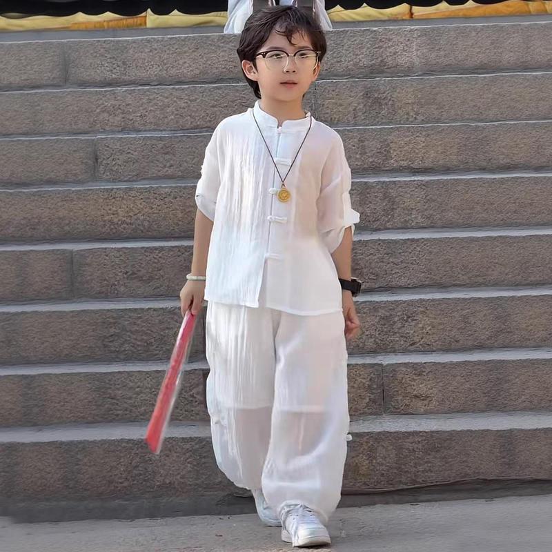 男の子の新しい中国風唐スーツ夏服子供服新しい子供中国風漢服子供ベビー薄いシャツスーツ|undefined