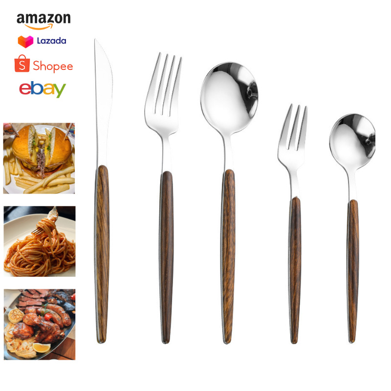국경 간 304 모조 나무 손잡이 포르투갈 스테인레스 스틸 칼, 포크 및 스푼 식기 4 피스 세트 24pcs 디저트 스푼 포크 스테이크 나이프