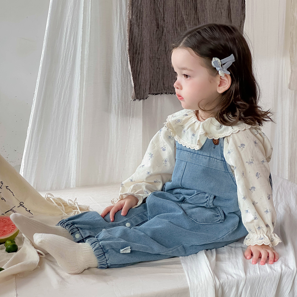 Ropa de bebé 2024 otoño camisa de solapa fresca mono de mezclilla traje de dos piezas de manga larga para bebé