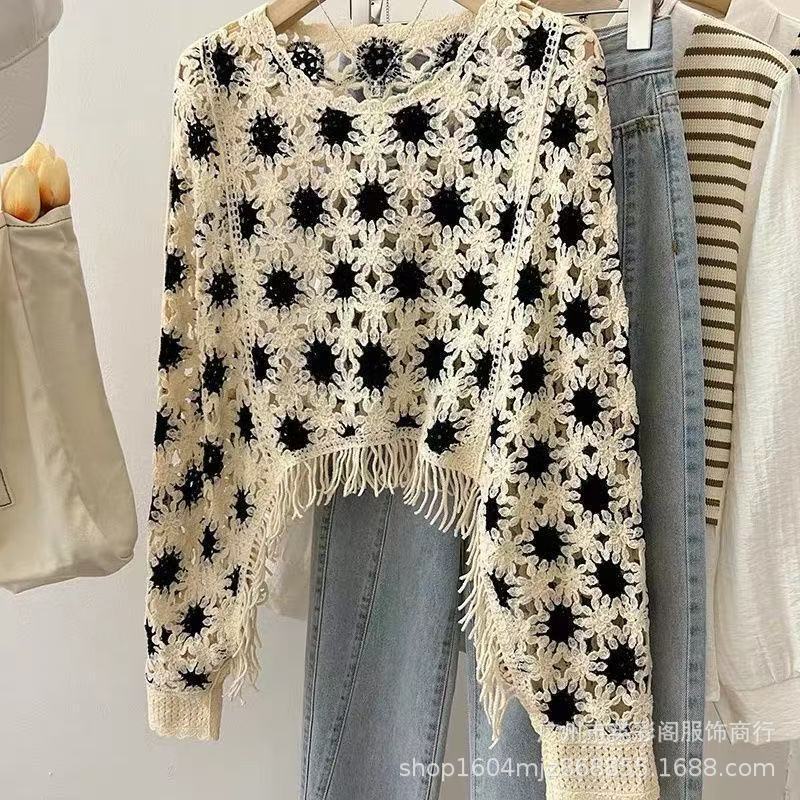 西洋スタイル秋の新レトロファッションかぎ針編みニットカーディガン女性のデザインニッチタッセルセータージャケットトップ|undefined