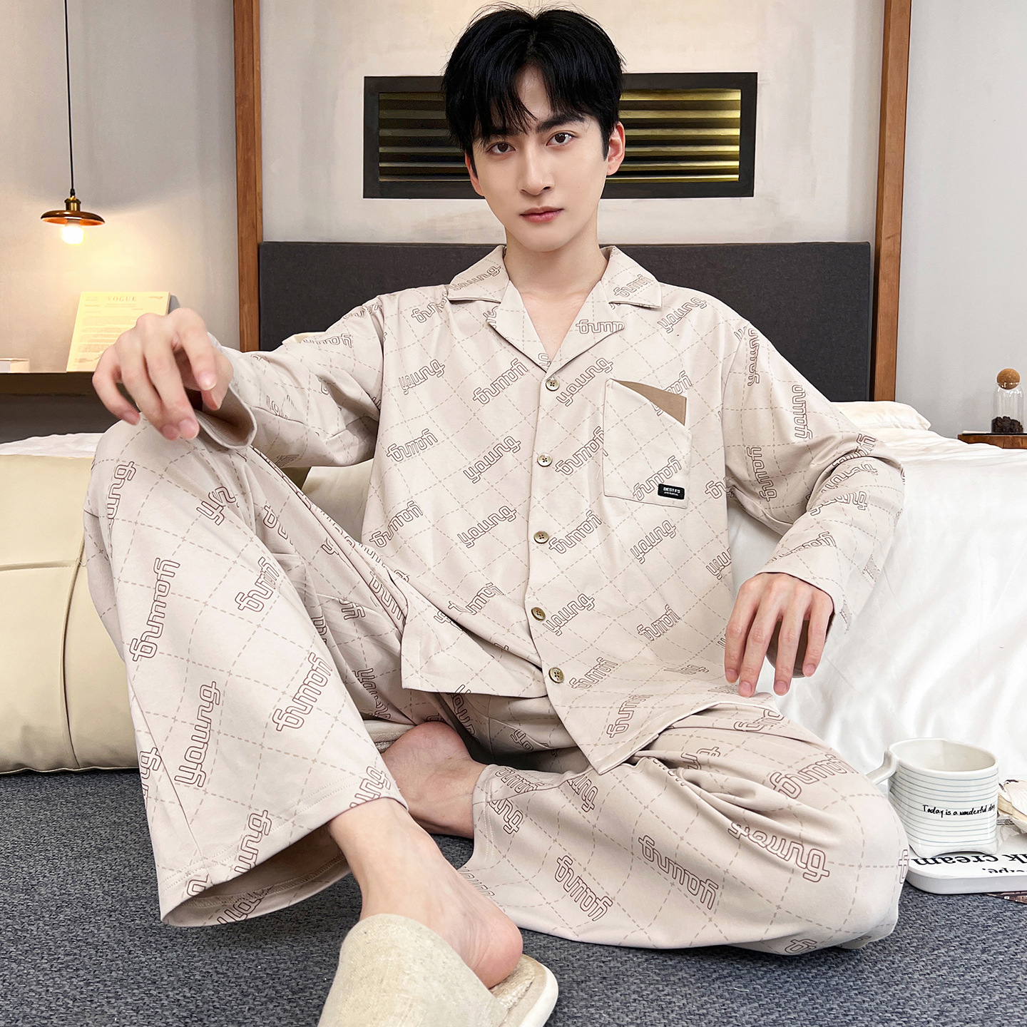 Pajamas Men's Pure Cotton Spring and Autum Long-Sleeved 2025 New Men's Cotton Casual Home Wear Set Can Be Worn Outside