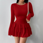 亚马逊跨境欧美新款女装秋冬纯色修身显瘦气质长袖连衣裙女高级感