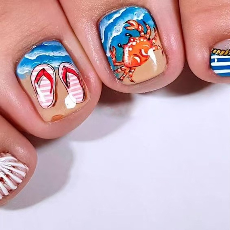 Summer Ocean Style Crab Shell Pattern Design Wearable Nail and Toenail Stickers Finished Product Cross-Border Nail Art Wholesale