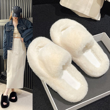 【高品质直播专卖】2023秋季新款毛毛拖鞋女厚底一字毛绒棉拖鞋