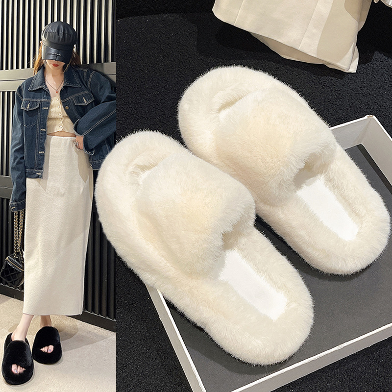 【高品质直播专卖】2023秋季新款毛毛拖鞋女厚底一字毛绒棉拖鞋