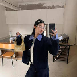 韩系假两件拼接翻领小香风外套女秋季新款宽松休闲短款夹克上衣潮