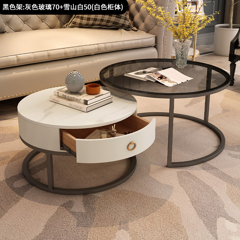 Sala de estar para el hogar, combinación simple de lujo ligero, mesa de roca minimalista, estilo crema, pequeño apartamento, mesa de centro redonda de vidrio italiano