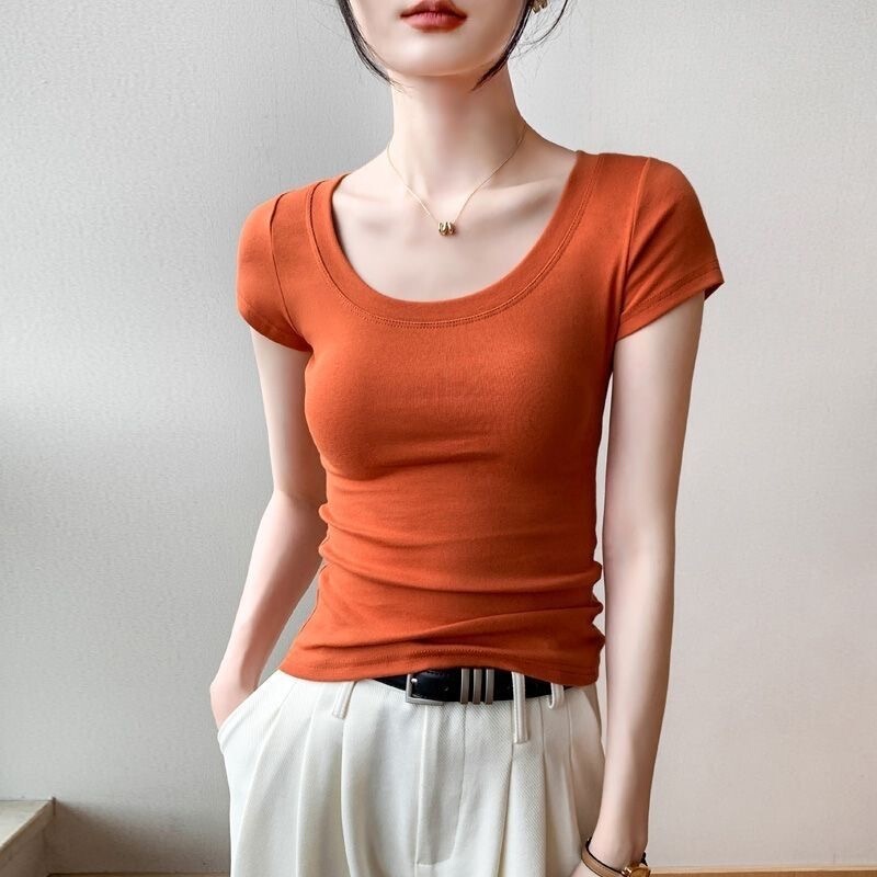 女性のための純綿右肩半袖 Tシャツ 2025 夏の新しいスリムフィット露出鎖骨痩身 U ネックボトムシャツトップホットガール|undefined