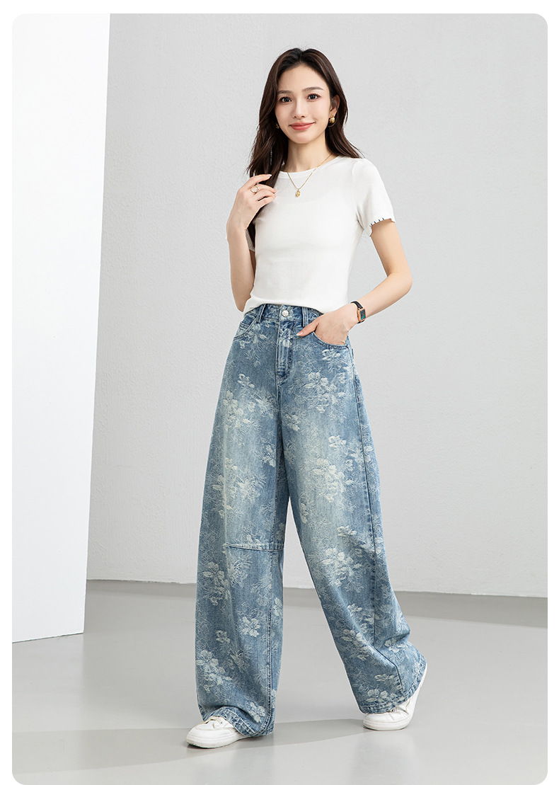 Quần jean nữ ống rộng cạp cao họa tiết jacquard kiểu Trung Hoa mới — xanh lam chi tiết 20