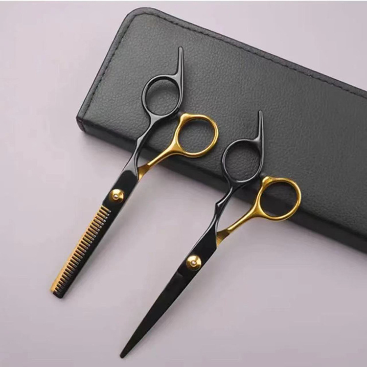 Fábrica fuente comercio exterior al por mayor tijeras de corte de pelo casero oro negro conjunto de tijeras de corte de pelo plana tijeras de dientes tijeras de corte de pelo delgado frange