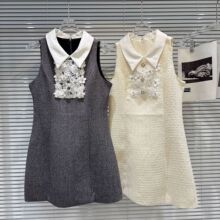 2025秋季新款小香风珍珠扣蕾丝刺绣粗花呢背心裙连衣裙女