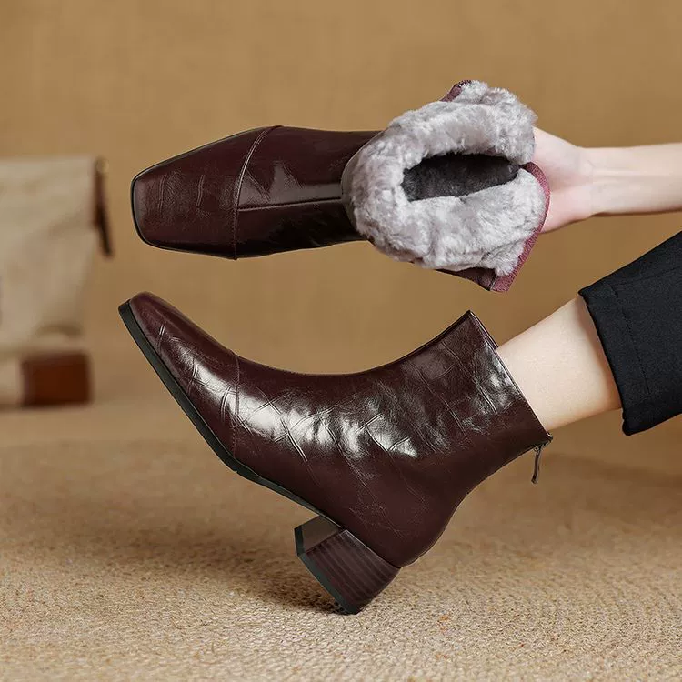 2024 Зима теплая новая ангольская красная каблука с квадратной головой ягненка короткие сапоги снегоступы винно-красная пуховая теплая