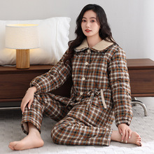 睡衣女冬季三层加厚加绒梭织纯棉夹棉冬天保暖中年妈妈家居服套装