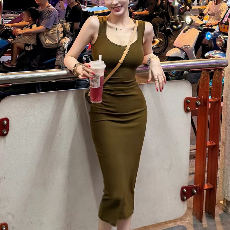 【Fart Shop】Tailand Holiday Olive Green Wide Shoulder Strap Ribbed Dress for Women Spring/Summer Long Dress