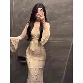 御姐风气质性感V领蕾丝连衣裙女高端宴会黑色长袖收腰包臀鱼尾裙
