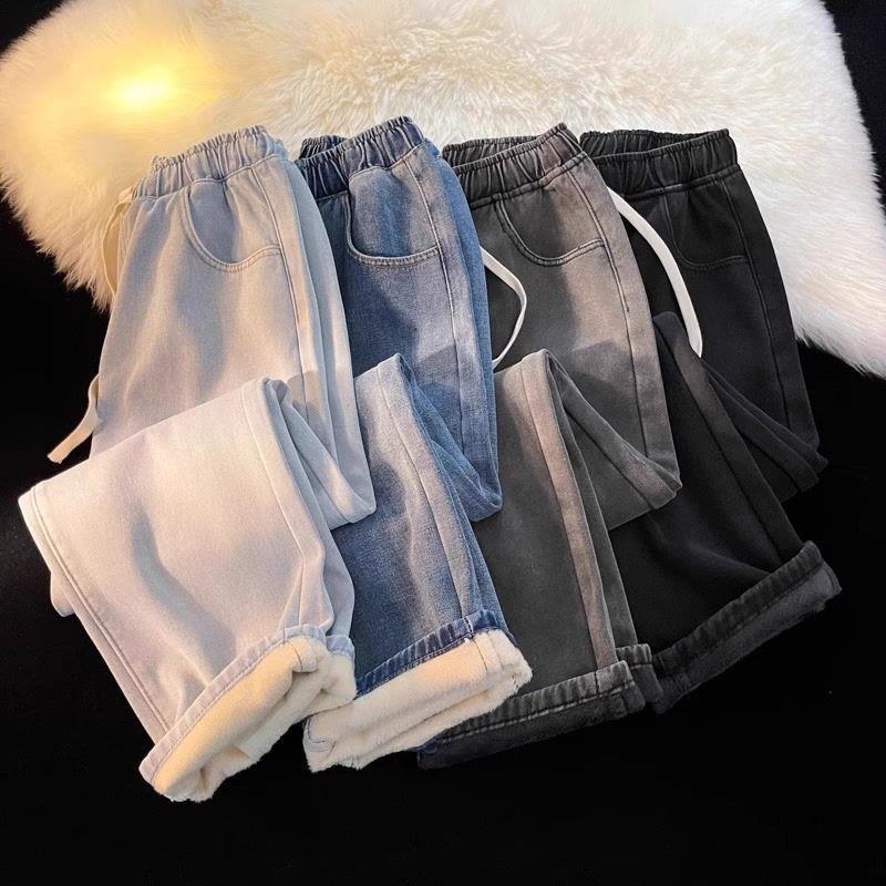 加绒加厚牛仔裤男款冬季宽松直筒阔腿2025新款秋冬松紧腰男士裤子