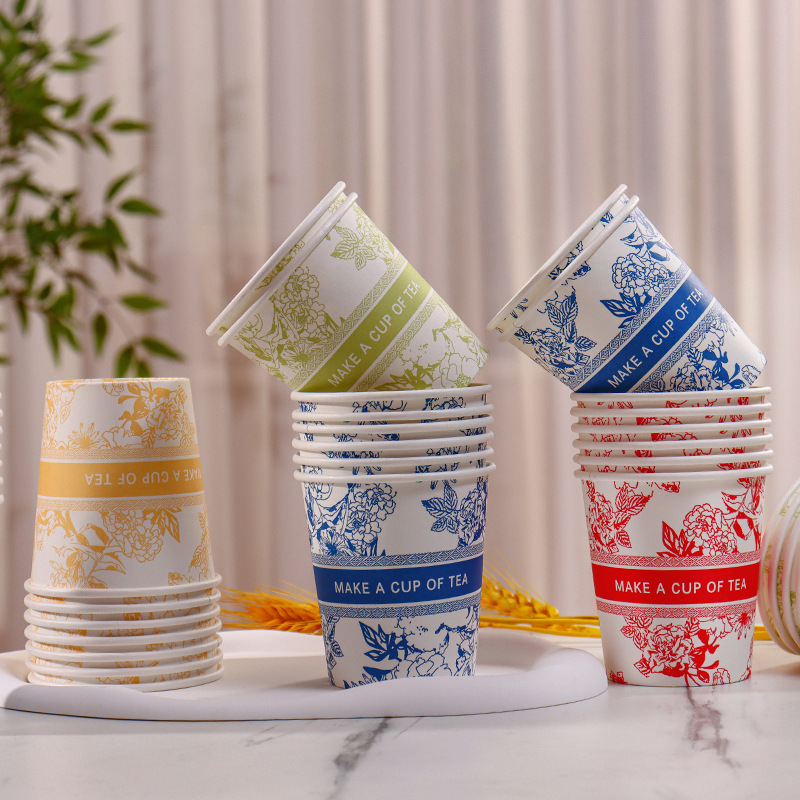 Taza de papel desechable engrosada y endurecida taza de flores resistente a quemaduras oficina doméstica agua potable taza de té de leche de café bebida caliente