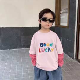 男童纯棉打底衫春秋新款中小儿童假两件长袖女童秋装外穿上衣潮款