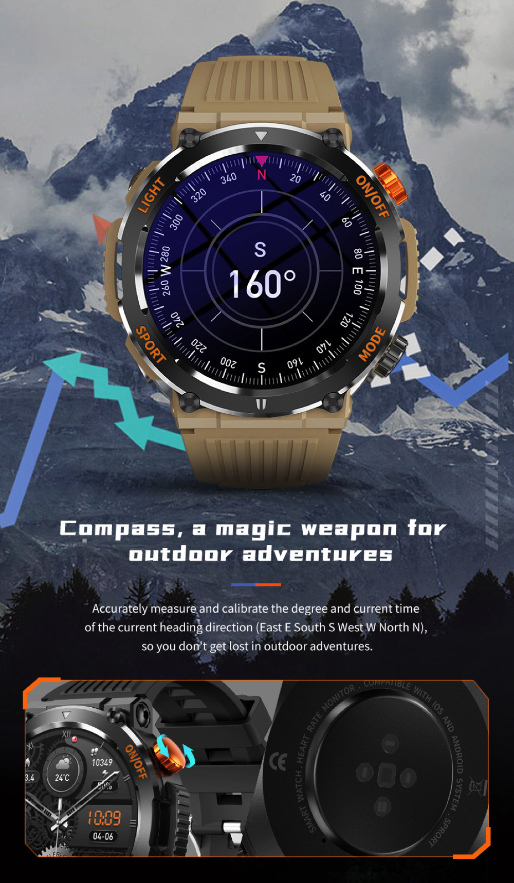 HT17 Smart Watch Herren Kompass LED Beleuchtung Outdoor Sport_voghion.com