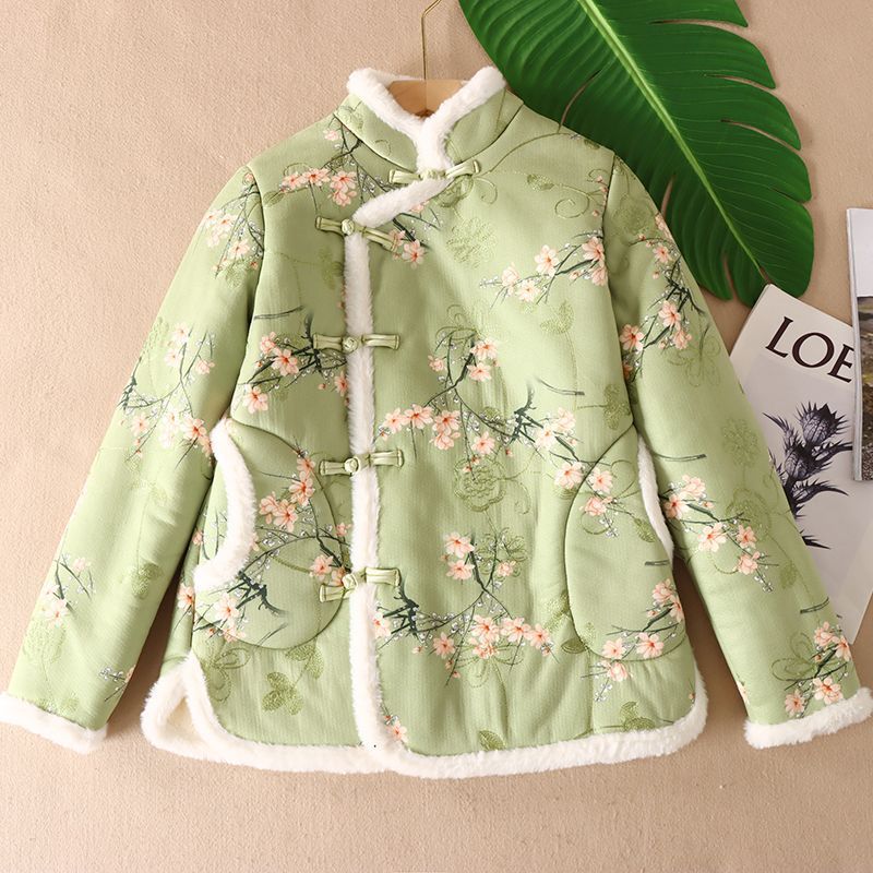 冬季新中式加厚加绒棉服女复古风旗袍立领刺绣盘扣修身棉袄厚外套
