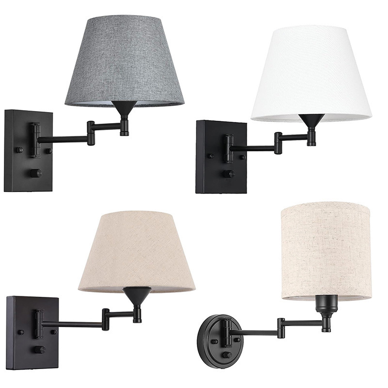 Bedroom wall lamp American simple retro creative stair swing arm dimming with plug linen fabric cross-border bedside lamp