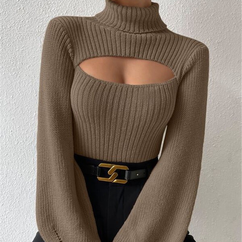 European and American Cross-Border Sweater Amazon Export 2025 Sexy Spicy Slim Fit Versatile High Collar Cut Out Knitted Long Sleeves for Women