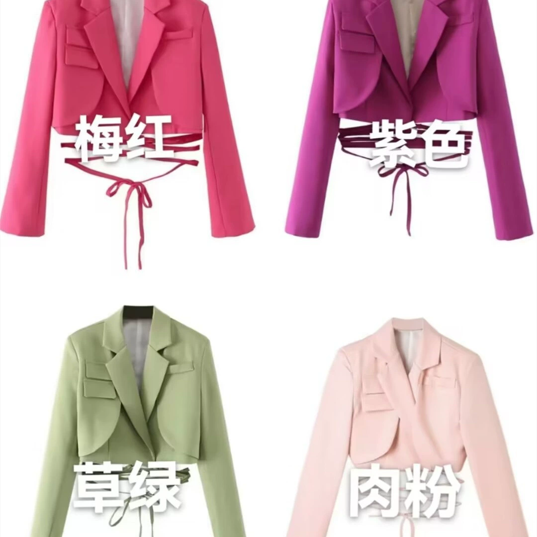 PB & ZA женская одежда 2024 осень новая европейская и американская мода сплошной цвет талии шнур короткий пиджак