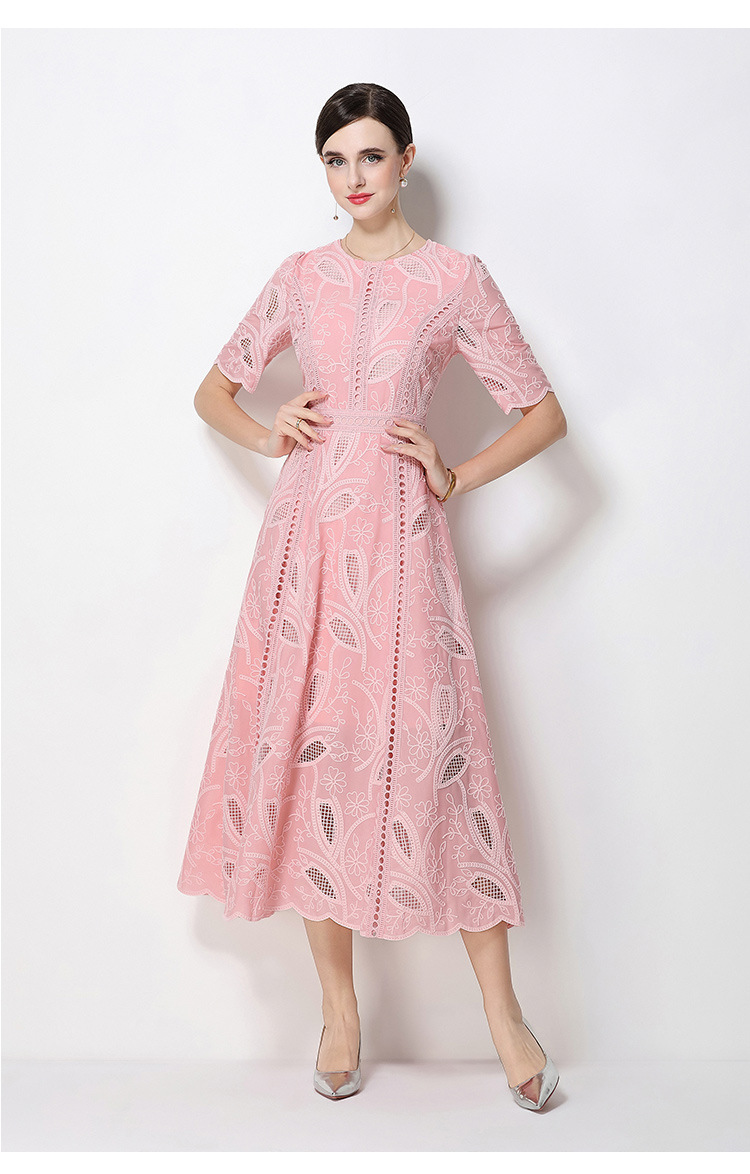 Đầm maxi nữ thắt eo cổ điển Pháp ren thêu họa tiết tay ngắn — màu đen, xanh nhạt, màu hồng, Xanh da trời nhạtcolor chi tiết 49