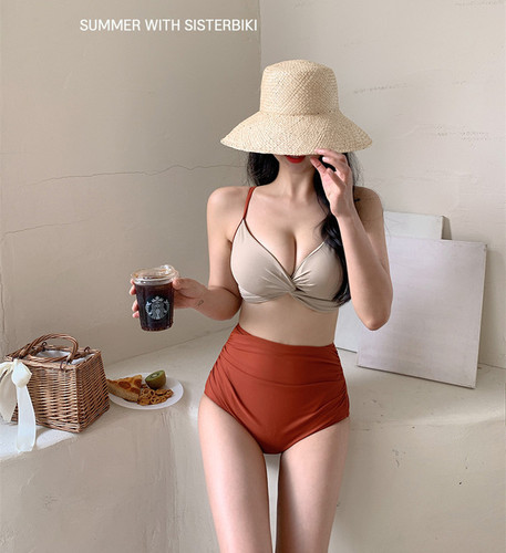  New Women's Separate Bikini Swimwear High-Waisted Pants Small Chest Shaping Slimming Hot Spring Vacation Tour