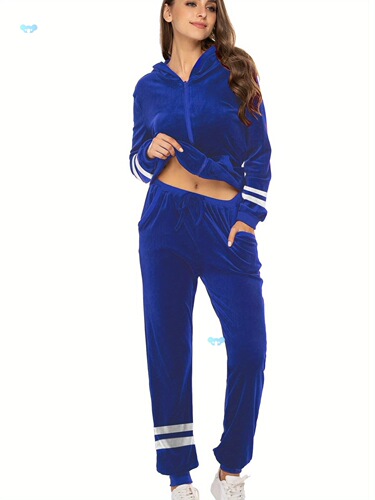 Womens Casual Velvet Tracksuit Set Full Zipper Hoodie Long