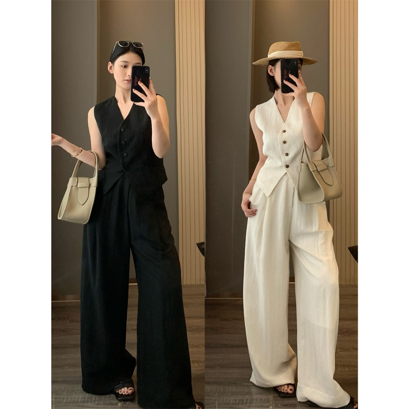 Tencel Linen Suit Sleeveless High-End 2026 Summer New Style Old Money Style Fashion Vest Wide-Leg Pants Two-Piece Set for Women